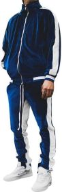 Men's 2 Pieces Full Zip Tracksuits Golden Velvet Thickening Sport Suits Casual Outfits Jacket & Pants Fitness Tracksuit Sets - L - navy