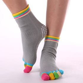 1pair Rainbow Color Non-slip Towel Bottom Yoga Socks, Cozy 5 Toes Split Knitted Calf Crew Socks, Women's Yoga Socks - Color Toe Gray - One-size