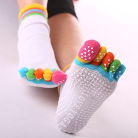 1pair Rainbow Color Non-slip Towel Bottom Yoga Socks, Cozy 5 Toes Split Knitted Calf Crew Socks, Women's Yoga Socks - Color Toe White - One-size