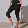 High Waist Yoga Capri Pants, Tummy Control Sports Legging Capri For Women With Out Pockets And Mesh Design - Black - M(6)