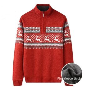 Thickening Fleece-lined Half-high Collar Knitted Sweater (Option: Push Red-2XL)