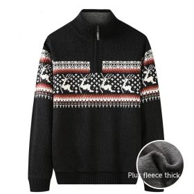 Thickening Fleece-lined Half-high Collar Knitted Sweater (Option: Plush Black-2XL)