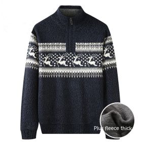 Thickening Fleece-lined Half-high Collar Knitted Sweater (Option: Plush Navy Blue-2XL)