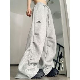 American Retro Wide Leg Drawstring Ruffle Design Sense High Street Casual Mopping Trousers (Option: Gray-M)