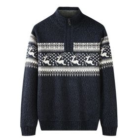 Thickening Fleece-lined Half-high Collar Knitted Sweater (Option: Navy Blue-L)