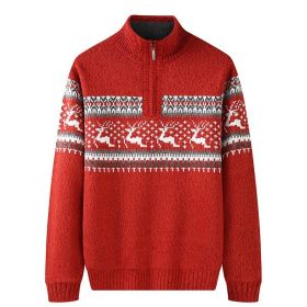 Thickening Fleece-lined Half-high Collar Knitted Sweater (Option: Red-XL)