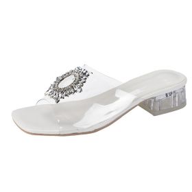 Women's Sandals New Korean Style Mid Heel Crystal Open Toe High Heel (Option: White-36)