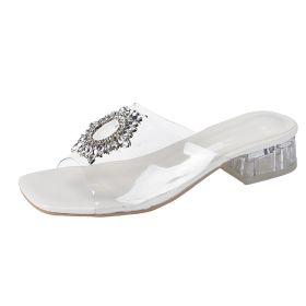 Women's Sandals New Korean Style Mid Heel Crystal Open Toe High Heel (Option: White-40)