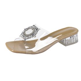 Women's Sandals New Korean Style Mid Heel Crystal Open Toe High Heel (Option: Apricot-38)