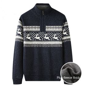 Thickening Fleece-lined Half-high Collar Knitted Sweater (Option: Plush Navy Blue-5XL)